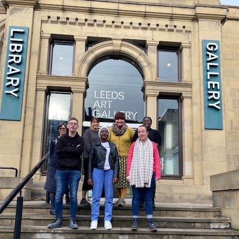 Care Creatives: Members of the Care Creatives on the steps outside of Leeds Art Gallery. Left to right, back row, Karen Mackie, Nicky Lines, Angie Thompson, Jessica Richardson. Front row, left to right, John Farley, Adama Jalloh and Ria Lake.