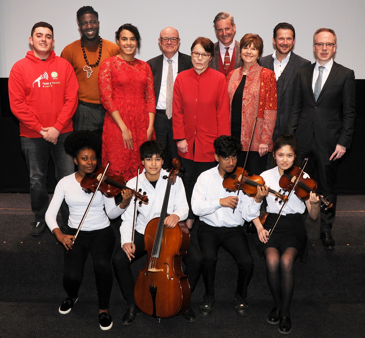 At the launch were the Music in Secondary Schools Trust Saturday School Quartet (front row, from left) Cherie Chan, Sara Pelham, Farah Wadud and Aaliyah Lakeman, with (top row, from left) Benjamin Boukerma (Islington Youth Councillor), Jermain Jackman (chair of Islington Fair Futures Commission), Cl