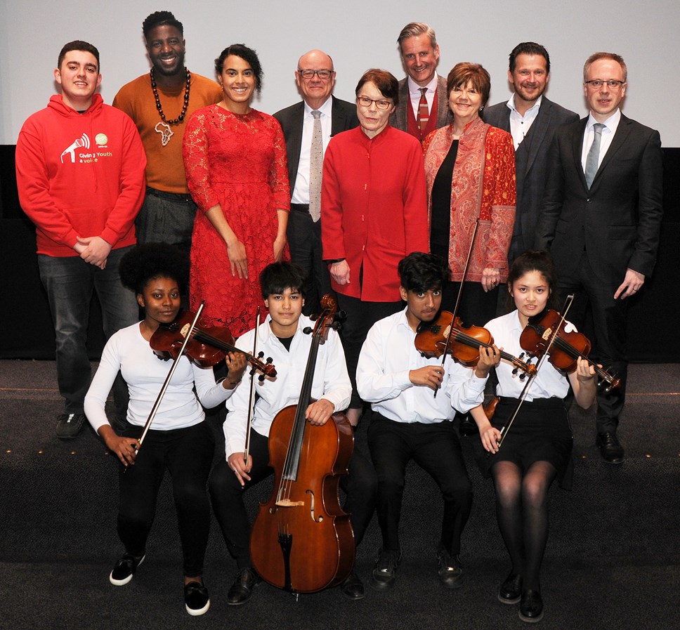 At the launch were the Music in Secondary Schools Trust Saturday School Quartet (front row, from left) Cherie Chan, Sara Pelham, Farah Wadud and Aaliyah Lakeman, with (top row, from left) Benjamin Boukerma (Islington Youth Councillor), Jermain Jackman (chair of Islington Fair Futures Commission), Cllr Kaya Comer-Schwartz (Islington's executive member for children, young people and families), Sir Nicholas Kenyon CBE (managing director, Barbican Centre), Catherine McGuinness (policy chair, City of London Corporation), Sean Gregory (director of learning and engagement, Guildhall School and Barbican Centre), Lynne Williams (principal, Guildhall School), Mark Owen (head teacher, Gillespie Primary School) and Cllr Richard Watts (leader of Islington Council).