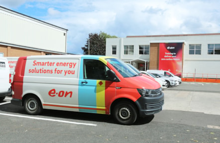 Exterior shot of E.ON's Net Zero Training Academy in Kingswinford, UK, featuring E.ON branded van.