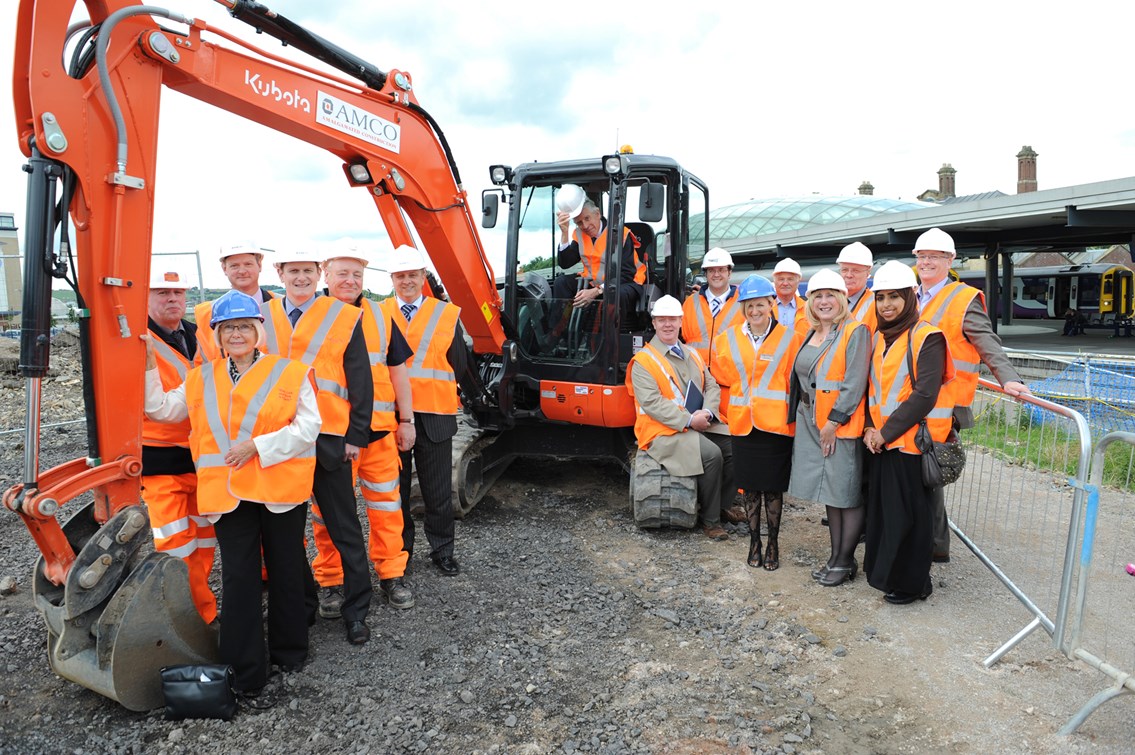 Rt Hon Jack Straw MP at Blackburn station: MP for Blackburn, Rt Hon Jack Straw, at the controls of a digger on the town's station to mark the start of work on the Access for All and National Stations Improvement Programme schemes. Mr Straw was joined by representatives of Network Rail and other partners in the project (24 June 2011)