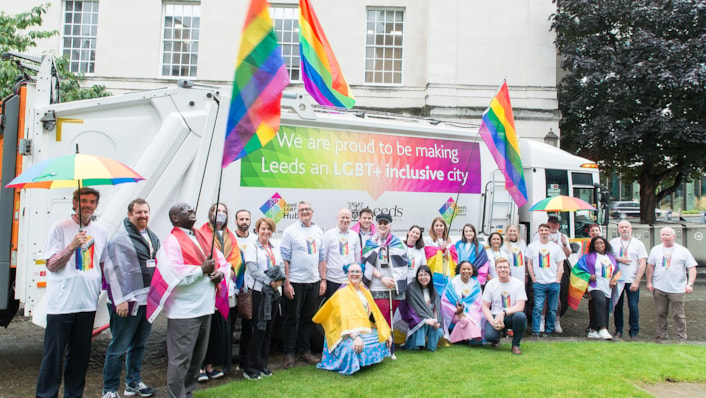 PRIDE photo shoot (1) cropped: Leeds City Council chief executive Tom Riordan, council leader Councillor James Lewis and deputy leader Councillor Jonathan Pryor are pictured last year joining members of the council's LGBT+ staff network, outside of Civic Hall, to show their support for the 2023’s Pride event.