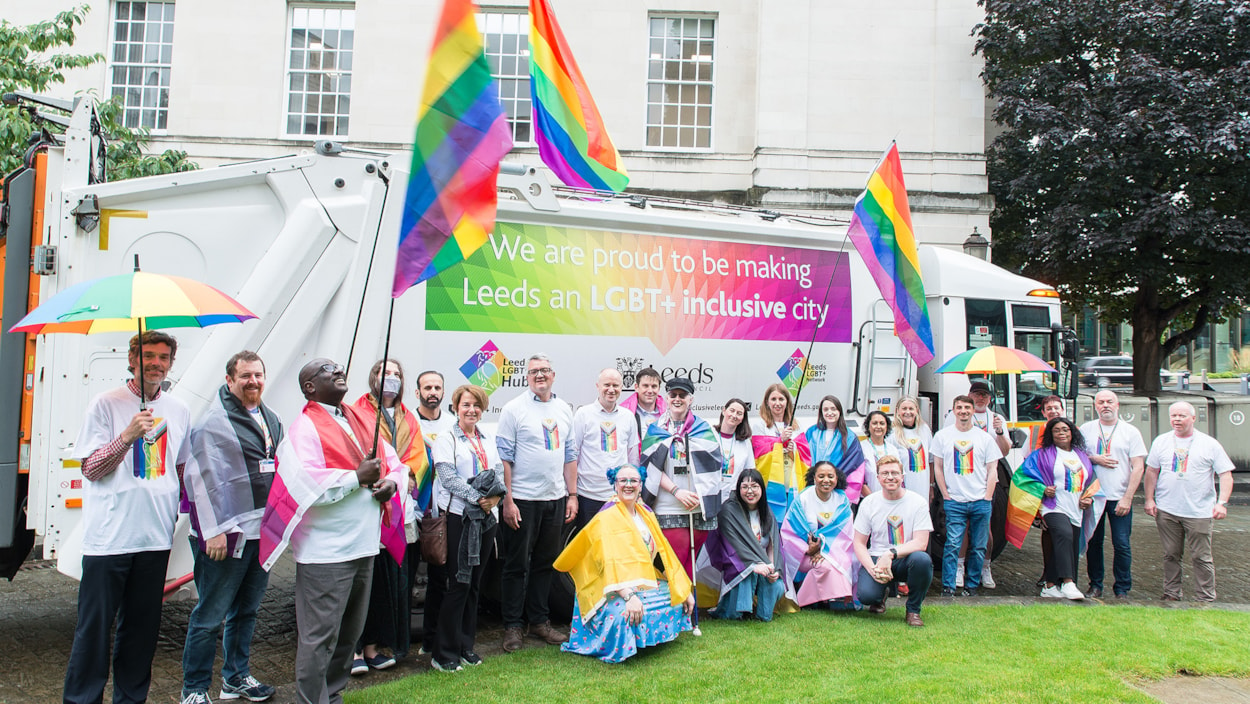 PRIDE photo shoot (1) cropped: Leeds City Council chief executive Tom Riordan, council leader Councillor James Lewis and deputy leader Councillor Jonathan Pryor are pictured last year joining members of the council's LGBT+ staff network, outside of Civic Hall, to show their support for the 2023’s Pride event.