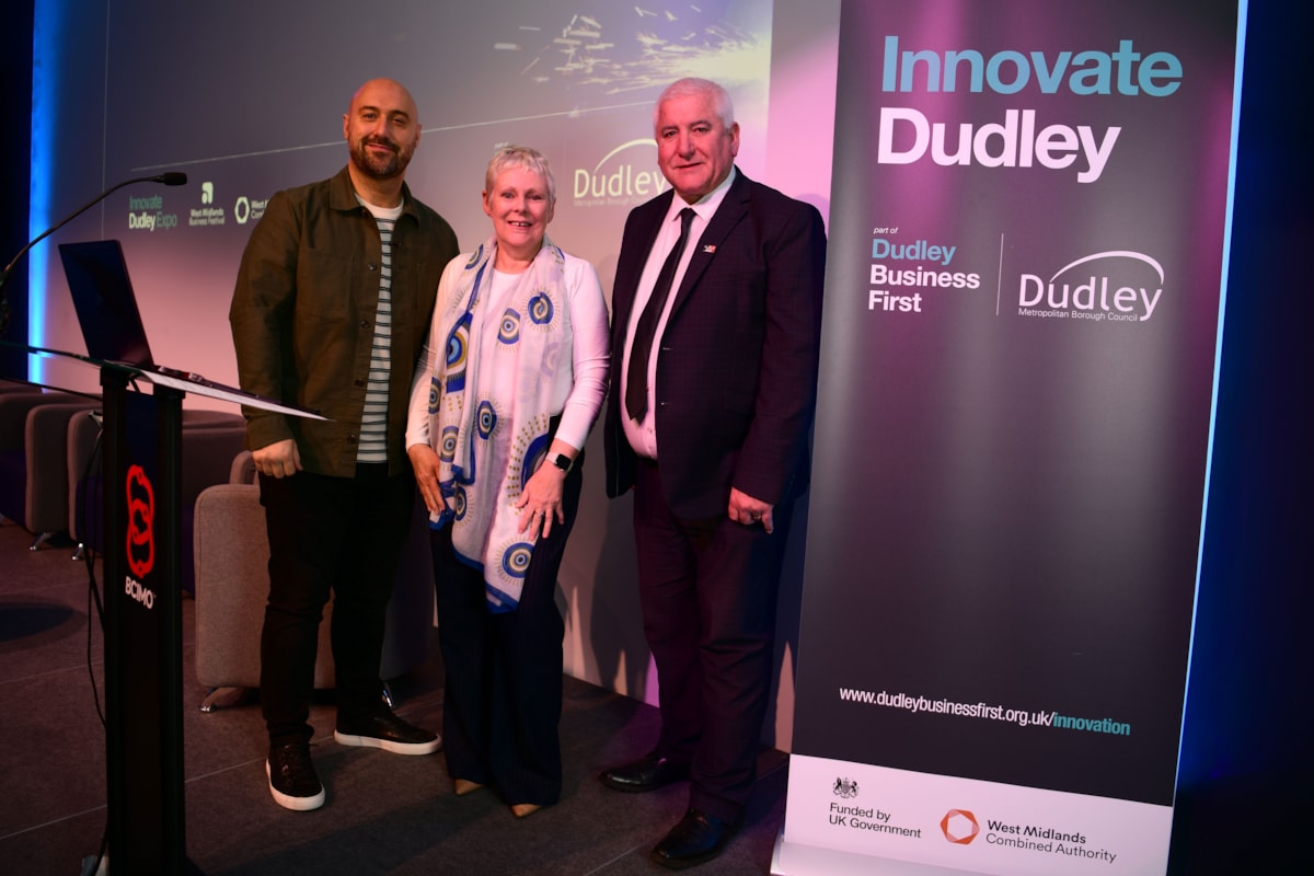 PJ Ellis, Professor Deborah Leary and Cllr Patrick Harley at the Innovate Dudley Expo