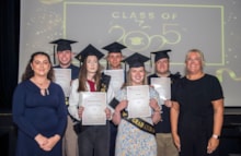 Siemens Mobility workplace programme: Pictured with their graduation certificates, from left, interns Linden Campbell, Milena Wantoch-Rekowska, Leon Delsaint, Lucy Yardy and Byron Myers, with Ruth Konieczna, Employability Support Coach at Hft, left, and Gemma Sampson, Supported Internship Lecturer at Selby College.