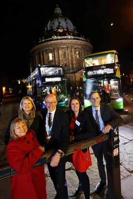 Stakeholders at the launch of Oxford's new fleet of electric buses. Left to right: 
Cllr Judy Roberts, Cabinet member for infrastructure and development, Oxfordshire County Council; Cllr Liz Leffman, Leader of Oxfordshire County Council; Martin Reeves, CEO, Oxfordshire County Council; Rachel Geliama