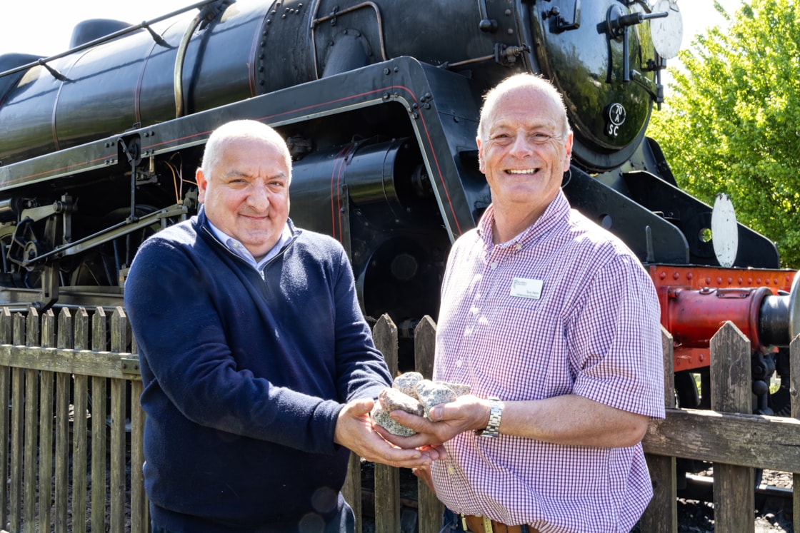 Bluebell ballast donation: Arlo Dew, Senior Project Manager at HS2 Ltd with Tony Astor, Infrastructure Director Blue Bell Railway. HS2 donates 4,000 tonnes of ballast to heritage railway group as part of landmark Railway 200 celebrations.