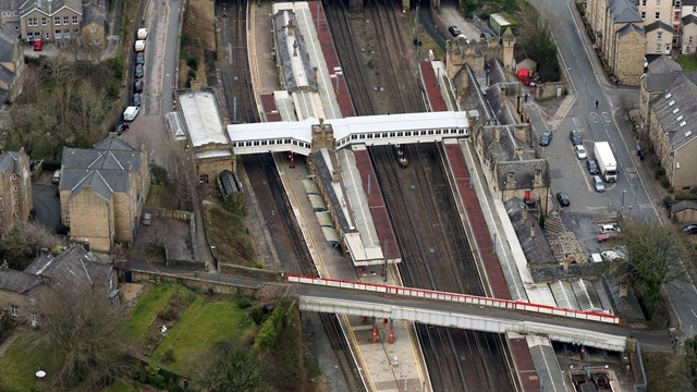 Platform canopies to be renovated for passengers at Lancaster station: Aerial view of Lancaster station - Credit Network Rail Air Operations