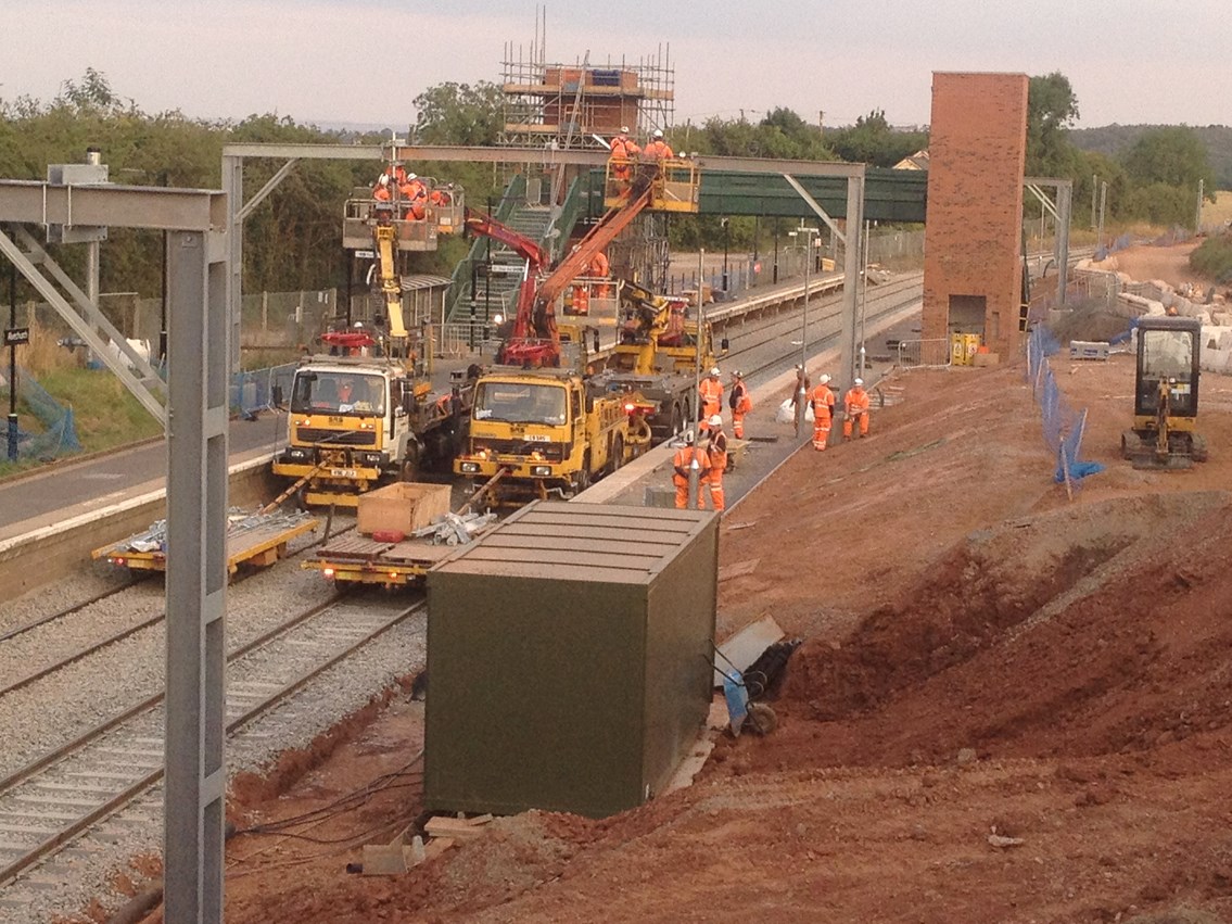 Work to install overhead lines takes place at Alvechurch station