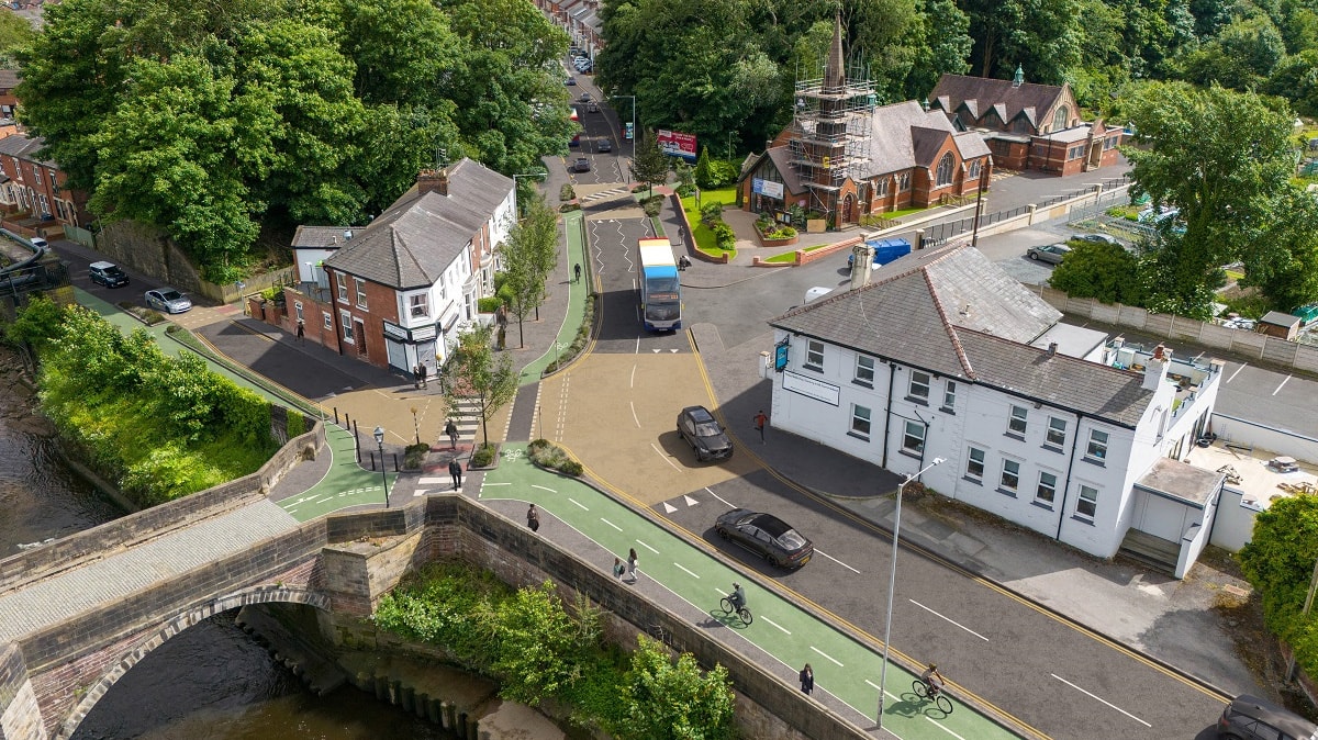 An artist's impression of the proposals for Leyland Road in Penwortham at the junction with Riverside Road and the bridge across the River Ribble.