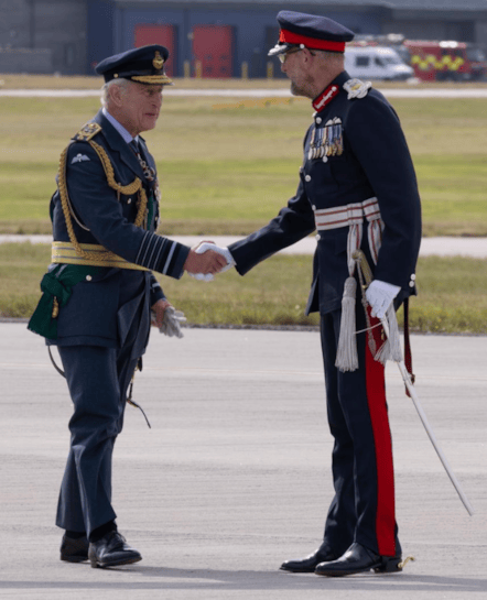 Lord Lieutenant of Moray Air Commodore Al Monkman CBE and HM The King at RAF Lossiemouth