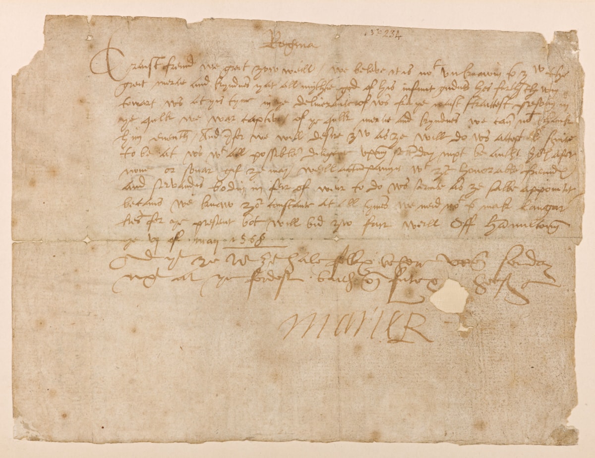 Letter addressed to the Laird of Adamtoun signed by Mary, Queen of Scots, 1568. Photo © National Museums Scotlan
