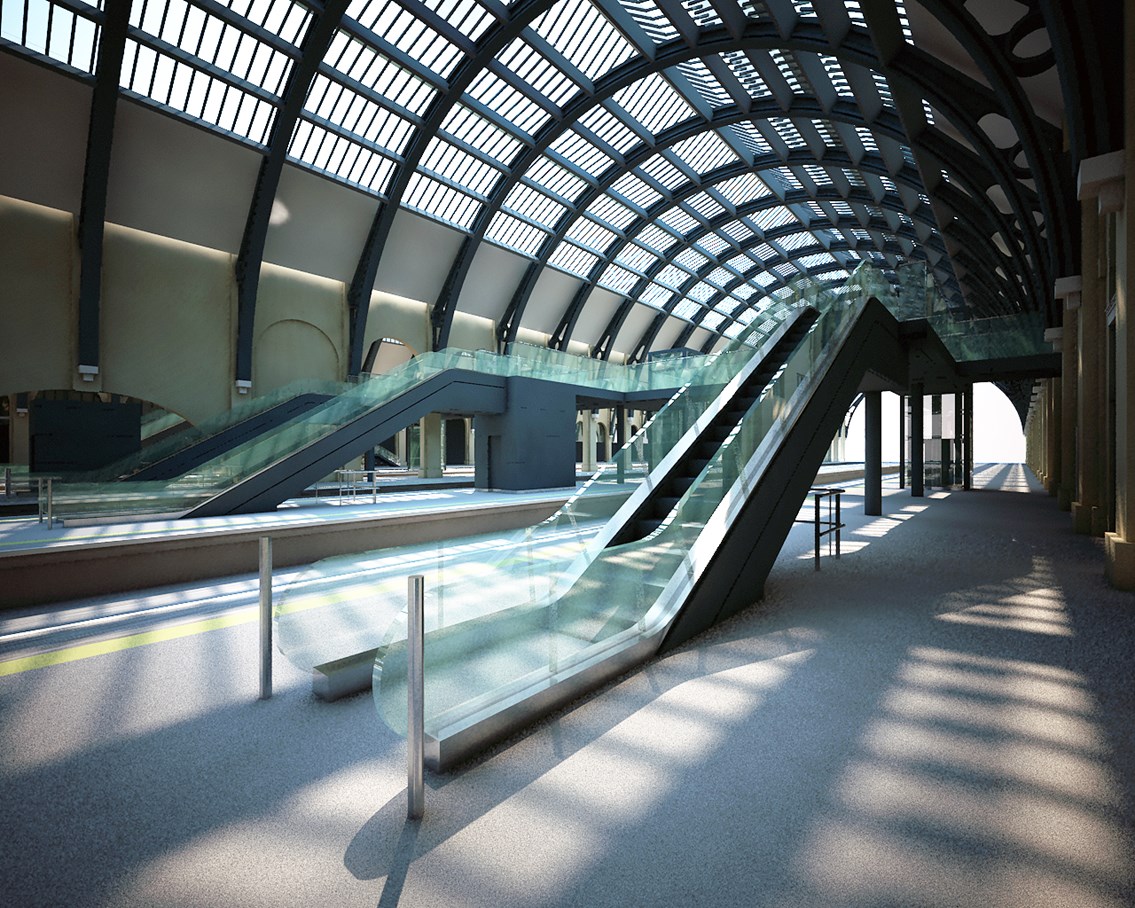 New King's Cross Footbridge: CGI image of the new footbridge which will link the station’s brand new concourse with the main train shed. Passengers will be able to move directly from the shops and cafes on the mezzanine level across the bridge, and access the platforms via escalators or lifts.