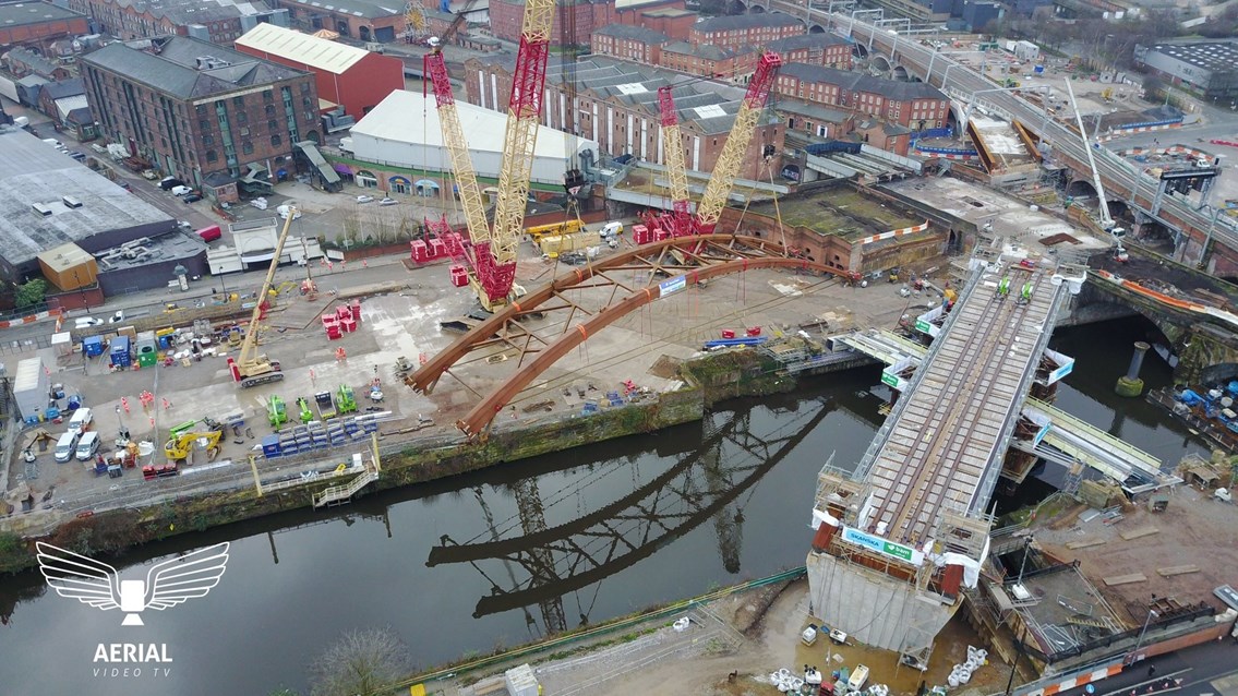 “When Network Rail is given the support, the time and the money, they really can deliver these pieces of infrastructure…”: Ordsall Chord from above courtesy of Aerial Video TV-2