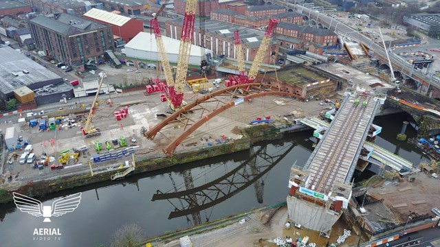 “When Network Rail is given the support, the time and the money, they really can deliver these pieces of infrastructure…”: Ordsall Chord from above courtesy of Aerial Video TV-2