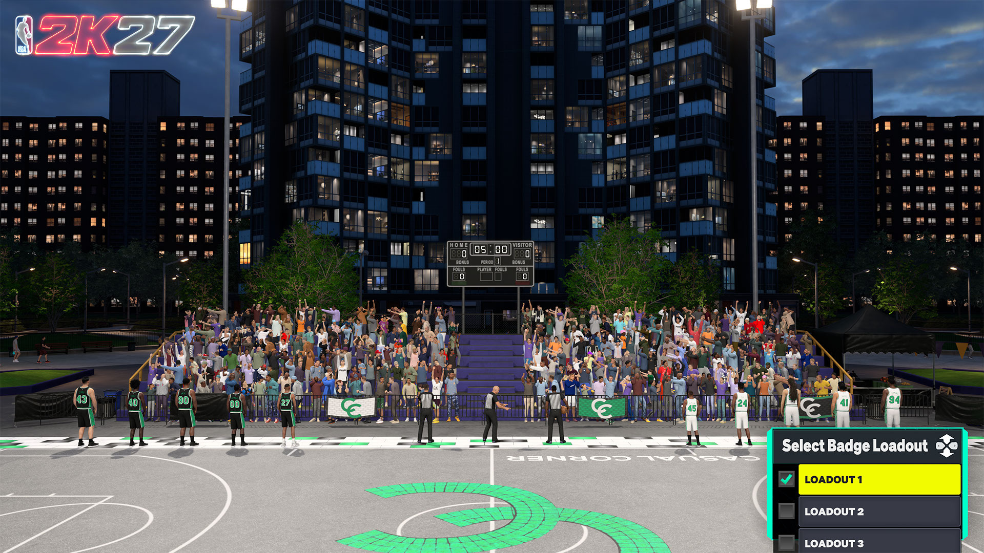 NBA 2K27 Select Badge Loadout menu on a nighttime City street court before a game