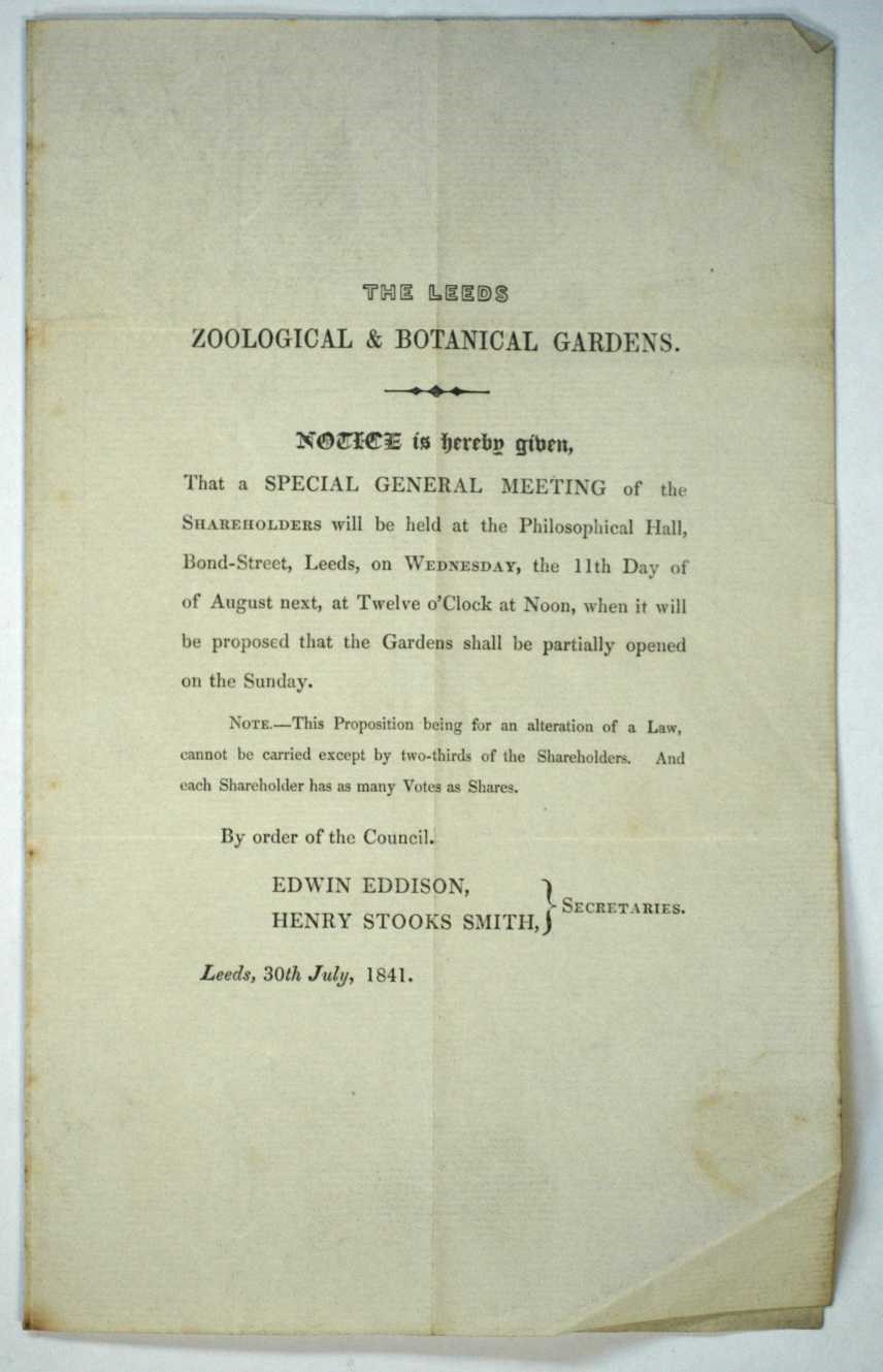 A Garden Through Time: A copy of the agenda for a special general meeting of the shareholders of the Leeds Zoological and Botanical Gardens from 1841. Part of the Leeds Museums and Galleries collection.