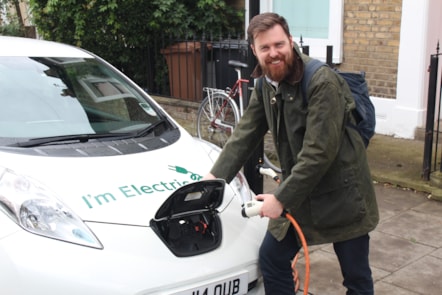 Cllr Jon Burke, Hackney Council Cabinet Member for Energy, Waste, Transport and Public Realm with one of the Council's electric vehicles