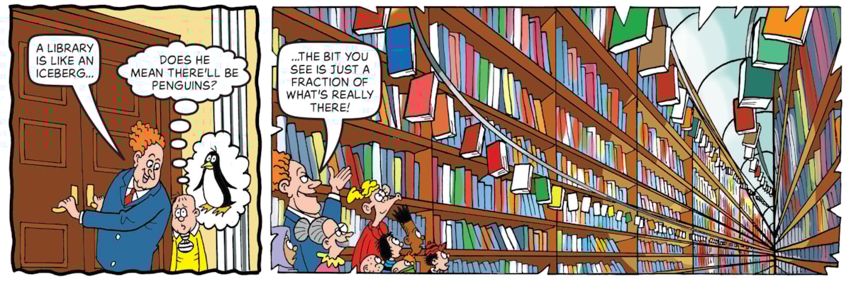 A section of the Beano comic strip set in the National Library of Scotland