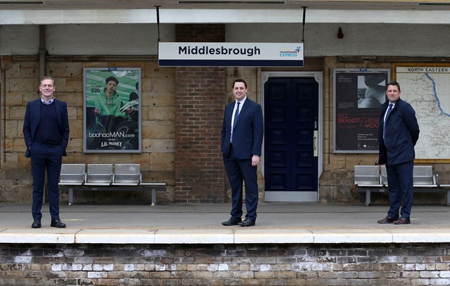 Tees Valley Mayor launches £35million station transformation to deliver more trains to Middlesbrough: L to R -  Andy Preston, Middlesbrough Mayor, Ben Houchen, Tees Valley Mayor and Matt Rice, Route Director for Network Rail’s North and East Route