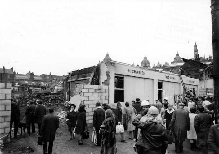 1975 Fire 3: View of Leeds Kirkgate Market on December 19 in 1975, six days after a fire destroyed two-thirds of the site. Copyright: Leeds Libraries.