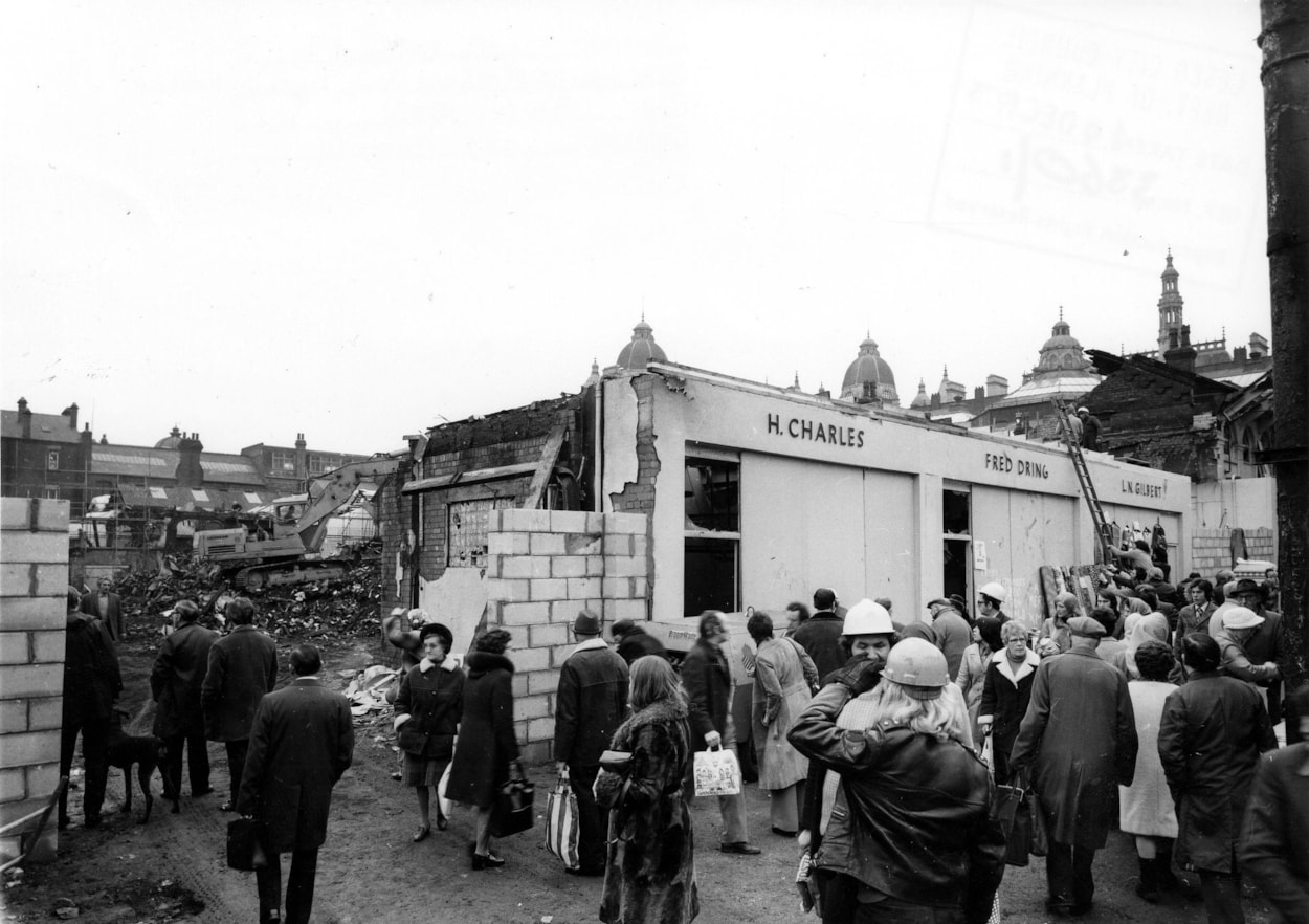 1975 Fire 3: View of Leeds Kirkgate Market on December 19 in 1975, six days after a fire destroyed two-thirds of the site. Copyright: Leeds Libraries.