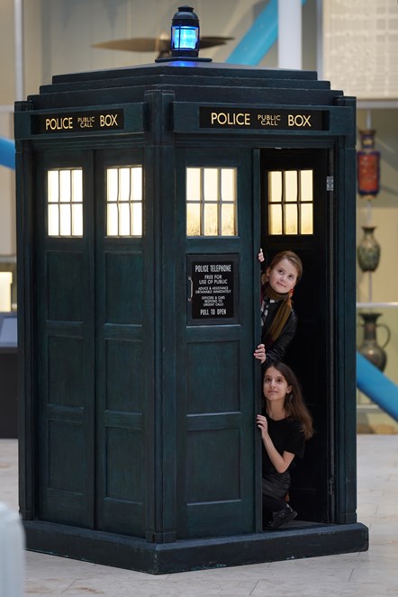 Almila Kaplangı (12) and Oskar Madine (11) encounter a TARDIS at the National Museum of Scotland. Photo © Stewart Attwood