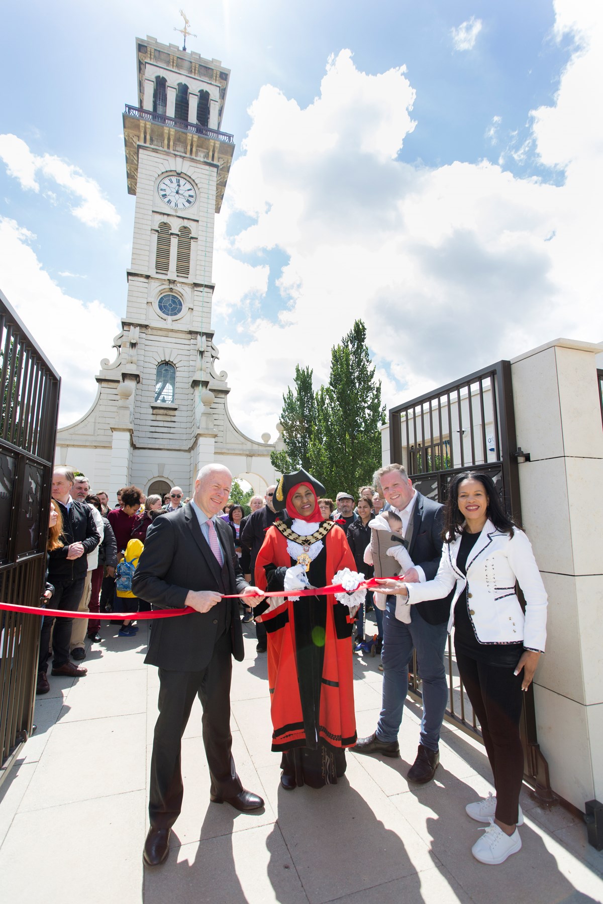 The grand opening of the Caledonian Clock Tower on June 8, 2019, with (L-R) Cllr Paul Smith; The Mayor of Islington, Cllr Rakhia Ismail; Cllr Diarmaid Ward and Cllr Claudia Webbe, executive member for environment and transport