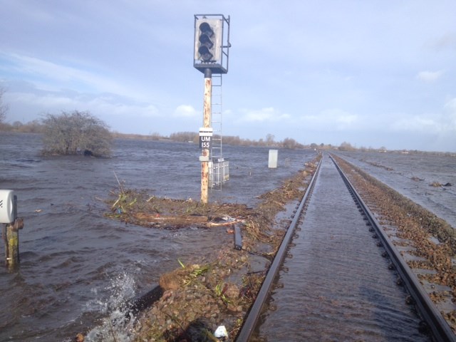 Water covering the railway at Bridgewater - there are actually two tracks here