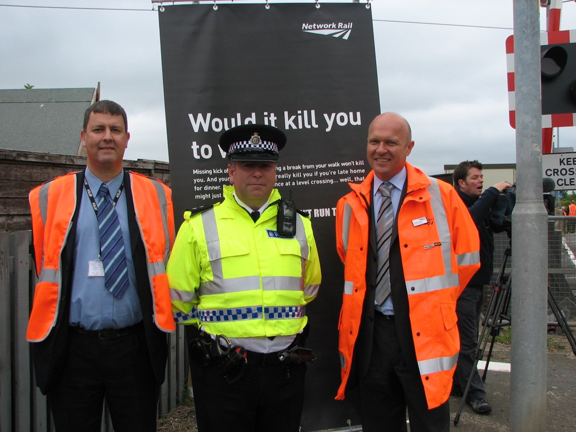 Tile shed level crossing - European day of action_002: 25 June 2009
L-R Dave Healy, Northern Rail train driver, Inspector Ezra Keen from BTP and Warrick Dent, Network Rail Area General Manager
