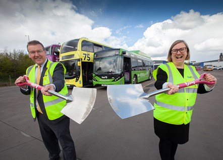 Portfolio Managing Director Andrew Jarvis and UK Managing Director Janette Bell help break the ground on Glasgow Caledonia depot's new EV Charging hub project.