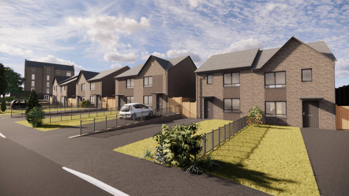 Brooklands 1: A computer-generated image showing plans for the Brooklands Avenue housing scheme. The building that will be known as Doris Storey House can be seen in the background.