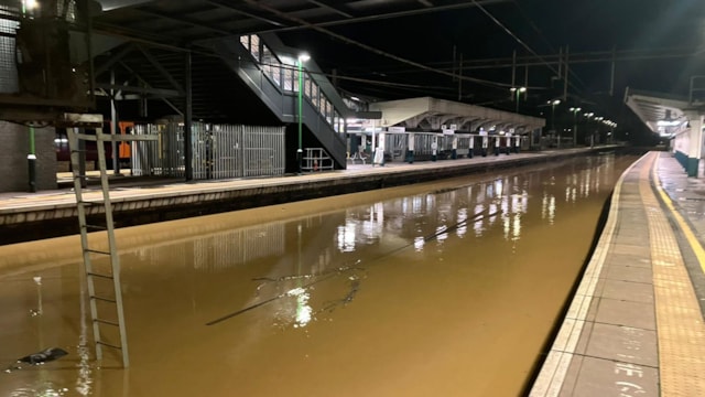 Major West Coast Main Line disruption in Northampton after River Nene bursts its banks: Flooding at Northampton station after River Nene burst banks