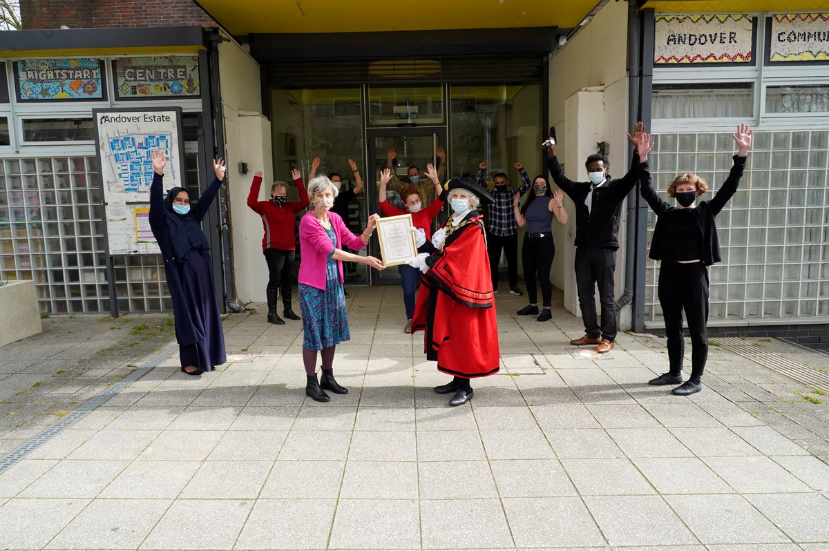 The Andover Estate Community Centre food project team receiving their Civic Award from Islington Mayor Cllr Janet Burgess