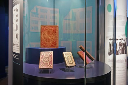 Stunning examples of Scottish bookbinding styles, Herringbone binding (dates from the late 1670s) and Wheel binding which was in use by the mid-1720s. Credit: Neil Hanna