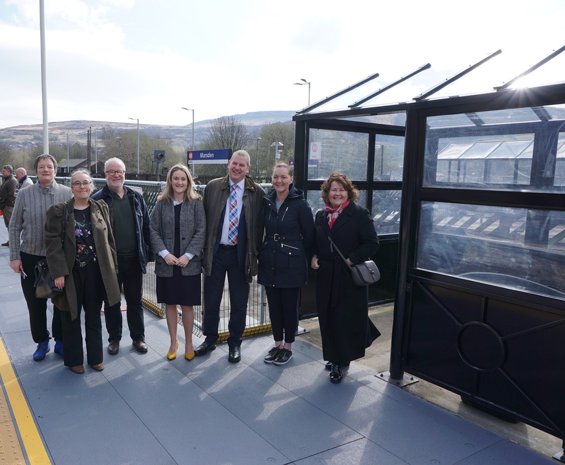 Key project to improve accessibility at Marsden station successfully completed: From left to right: Cllr Nell Griffiths, Cllr Donna Bellamy, Cllr Rob Walker (Kirklees Council, Colne Valley Ward), Anna-Jane Hunter (Network Rail), Pete Myers (Northern), Fran Taylor (TransPennine Express) and Thelma Walker MP for Colne Valley