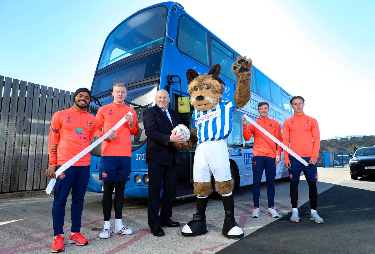 (L R) Duane Holmes 1st team, Jacob Chapman 2nd team, Richard Stones bus driver, Terry the mascot Danny Grant 2nd team and Connor Shanks 2 team 2