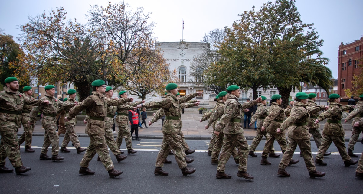 Remembrance Sunday Parade marching past Hackney Town Hall 2024