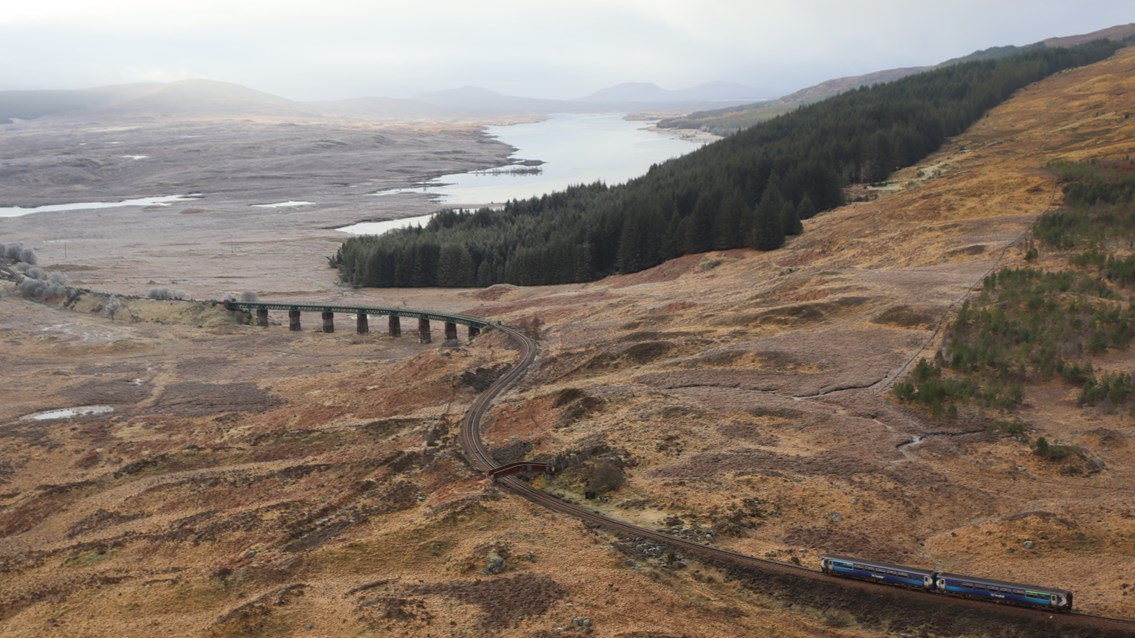 West Highland Line re-opens following completion of £1.6m Rannoch viaduct upgrade: ScotRail train approaches Rannoch Viaduct