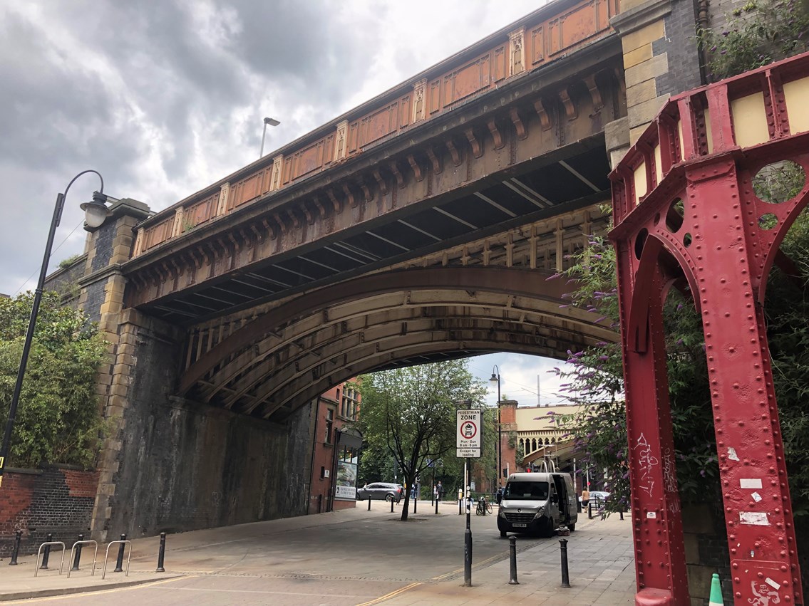 Reminder of major railway bridge restoration in Manchester city centre: Deansgate Overbridge - July 2019