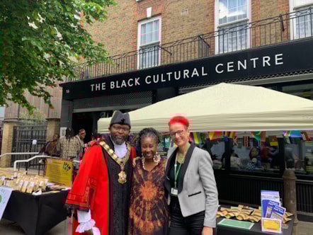 Mayor of Islington, Cllr Jason Jackson (left) alongside Anna Njie, Director of Go Africa (middle) and Cllr Sheila Chapman (right).