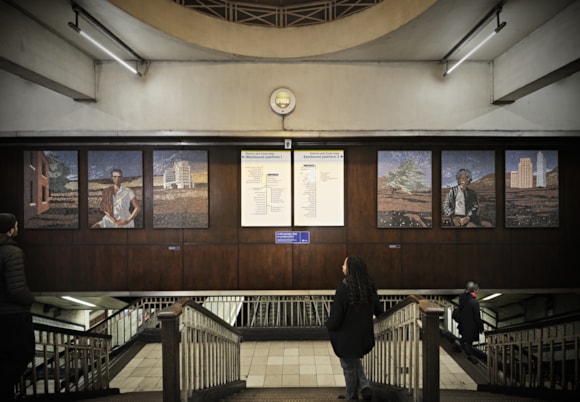 Hannah Quinlan and Rosie Hastings Angels of History 2024 St James’s Park station Commissioned by Art on the Underground Photo GG Archard Courtesy of the artists and Arcadi