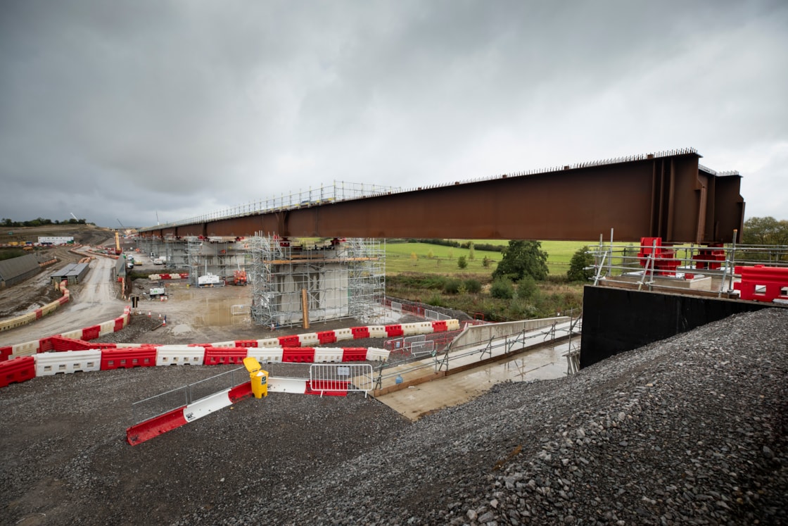 The Westbury viaduct deck structure resting on temporary bearings after the completion of the slide Oct 2024