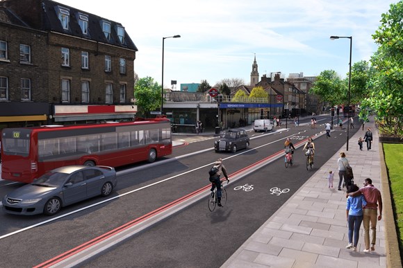 TfL Press Release - Construction work to begin on major new Cycleway in south-east London on 5 July: CGI of Cycleway 4 on Jamaica Road - copyright Transport for London