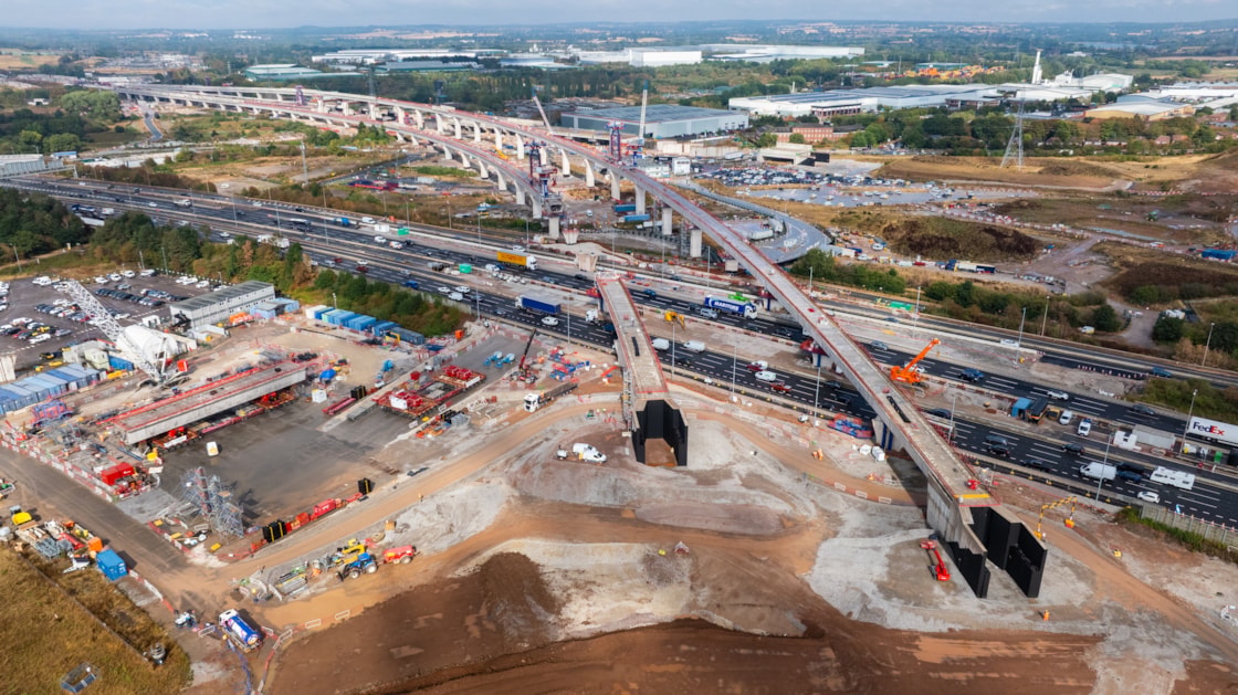 Aerial view of the Water Orton viaducts in August 2026 looking east across the M42