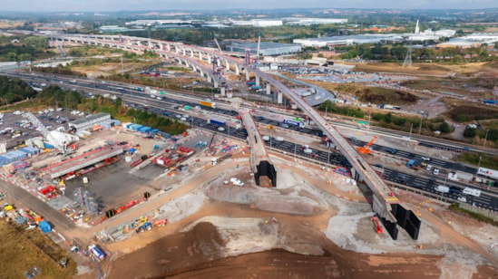 Aerial view of the Water Orton viaducts in August 2026 looking east across the M42