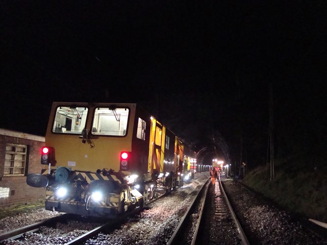 Shugborough Tunnel: Network Rail plant at the exit of Shugborough Tunnel while work continues inside.