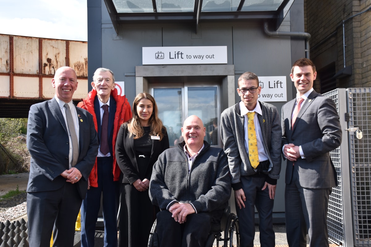 An image of Bolton Council leader Nick Peel; Cllr David Chadwick (Westhoughton South); Rebecca Rathore, Route Strategy Director at Network Rail; Damian France, Daisy Hill resident; Nathaniel Yates, accessibility campaigner; Angela Hart, Retail Supervisor Assistant; Phil Brickell, MP for Bolton West at Daisy Hill station