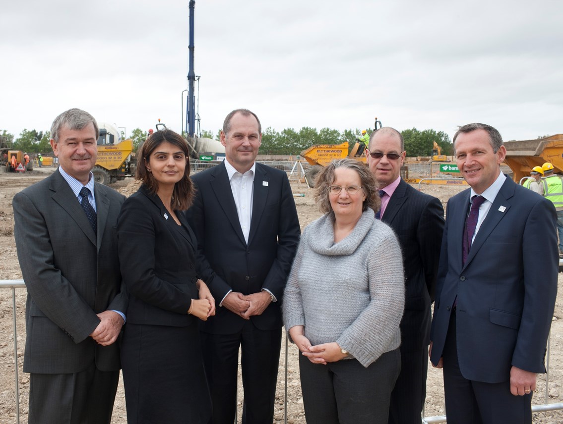 National Centre site tour, Milton Keynes: From left to right - Graham Cash, Chief Executive BAM Construction, Pam Gosal, Head of Economic Development, Milton Keynes Council, Iain Coucher – Chief Executive, Network Rail, Councillor Jenni Ferrans (Cabinet Member for Economic Development, Milton Keynes Council), Tim Roxburgh – Chief Executive, HCA, Geoff Snelson - Corporate Director of Strategy and Partnership Milton Keynes Council.