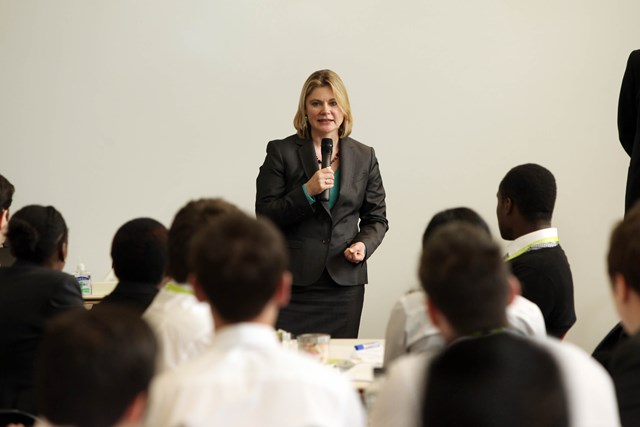 Justine Greening visit to Track and Train rail industry scheme induction: Transport Secretary Justine Greening talks to interns at visit to Track and Train rail industry scheme induction